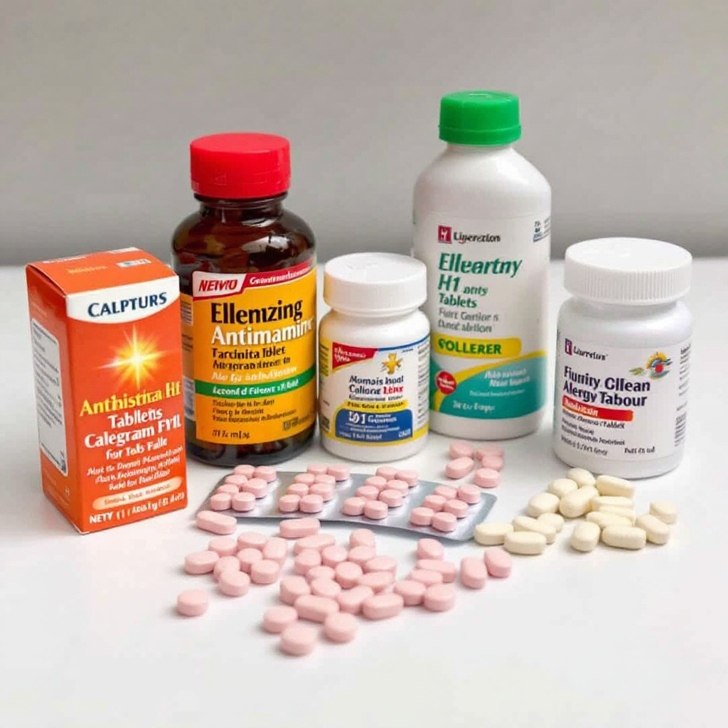 A variety of first and second generation H1 antihistamine medications displayed with labels on a white surface